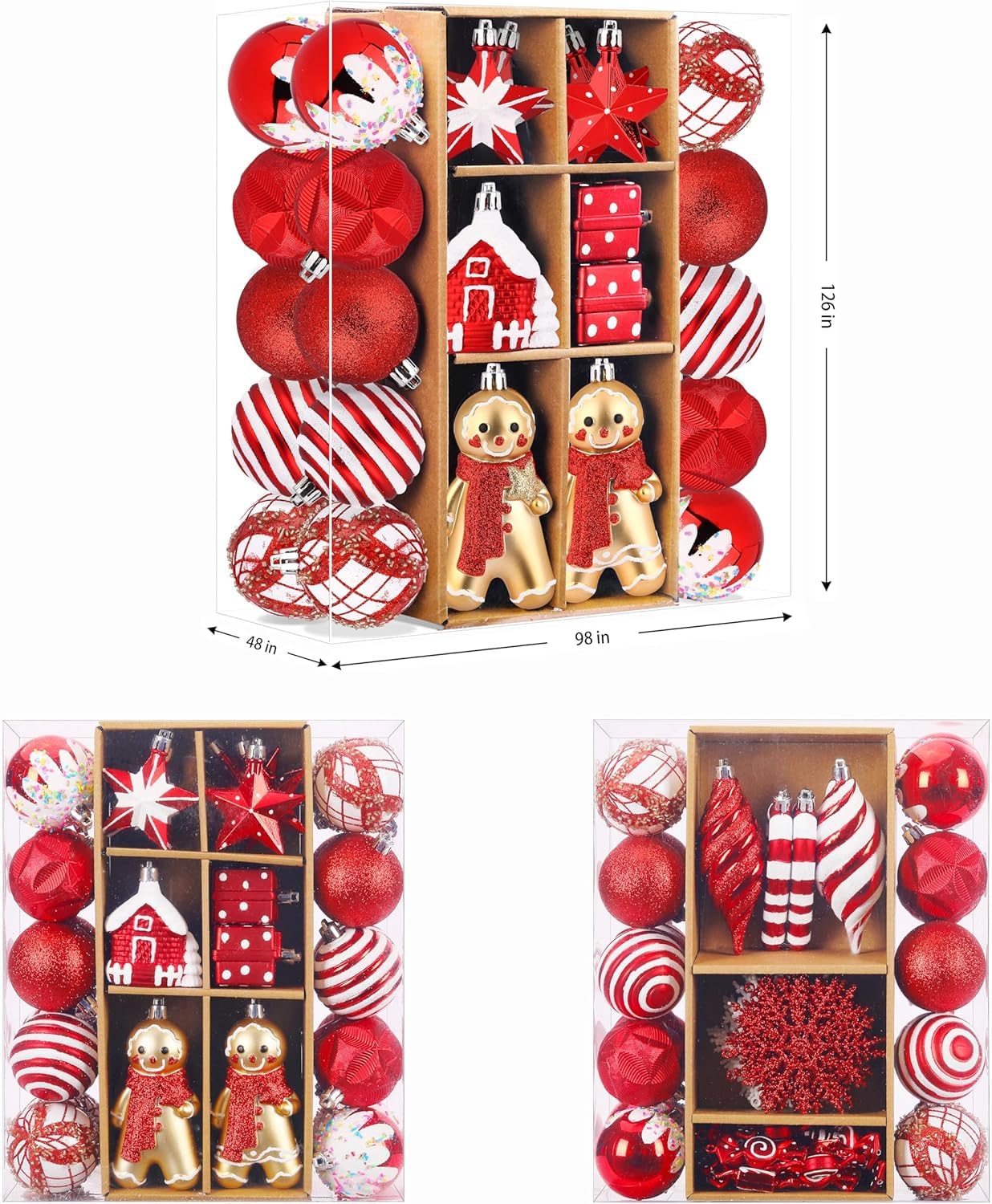 SHareconn 65pcs Christmas Tree Ornaments Set, Shatterproof Christmas Gingerbread Man Balls Bulk Gift Boxes, Hanging Plastic Decorative Baubles for Xmas Trees Decorations, Holiday Party, Red White