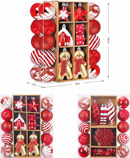 SHareconn 65pcs Christmas Tree Ornaments Set, Shatterproof Christmas Gingerbread Man Balls Bulk Gift Boxes, Hanging Plastic Decorative Baubles for Xmas Trees Decorations, Holiday Party, Red White