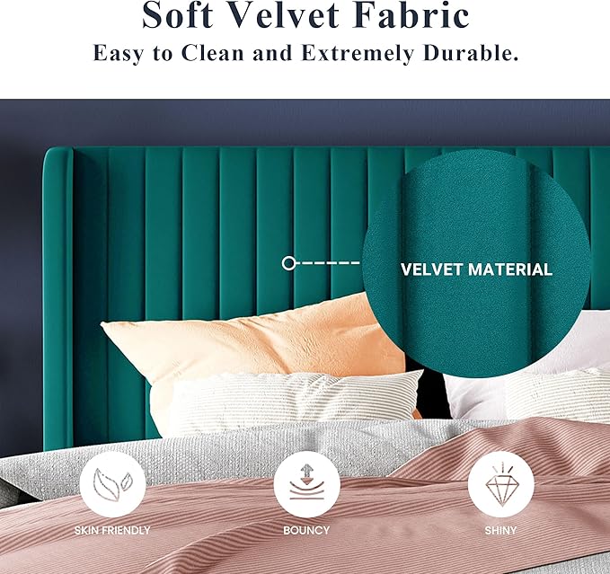 Allewie King Size Bed Frame/Velvet Upholstered Platform Bed/Vertical Channel