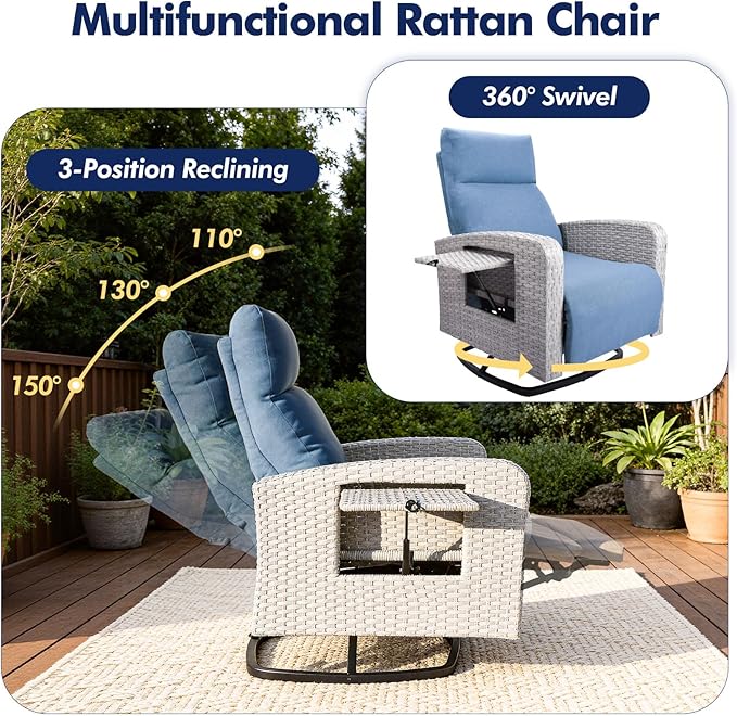 Outdoor Recliner Chair Set of 2, Wicker Patio Recliners with Adjustable Backrest and Extended Foot Rest, Reclining Patio Chairs with Flip Table & Removable Cushion Cover for Porch