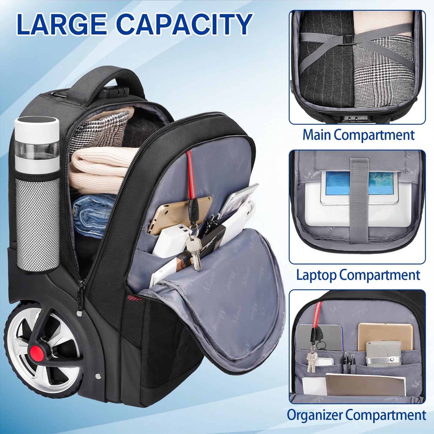 MATEIN Rolling Backpack for Men with Wheels, 17 Inch Large Wheeled Backpack with Combination Lock, Water Resistant Anti Theft Travel Laptop Backpack for Adults Work Business, Black
