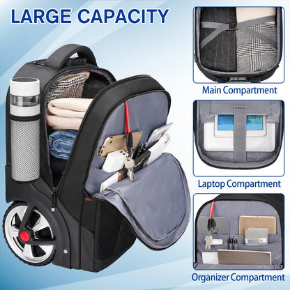 MATEIN Rolling Backpack for Men with Wheels, 17 Inch Large Wheeled Backpack with Combination Lock, Water Resistant Anti Theft Travel Laptop Backpack for Adults Work Business, Black