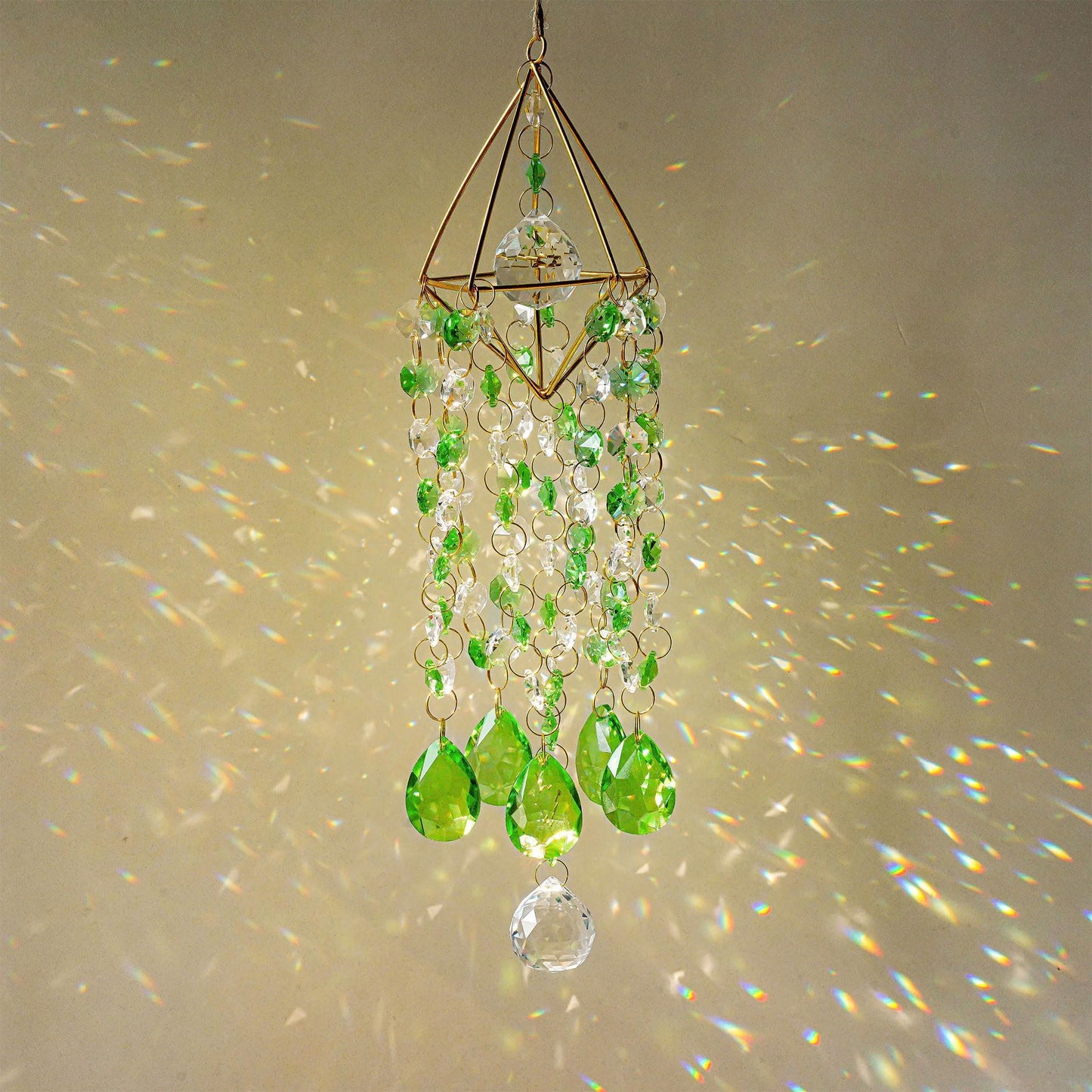 HDCRYSTALGIFTS Crystal Suncatcher Glass Wind Chimes Style Sun Catchers Indoor Window Rainbow Prisms Suncatcher for Window Hanging Home Garden Decor (21.5inch,Green)