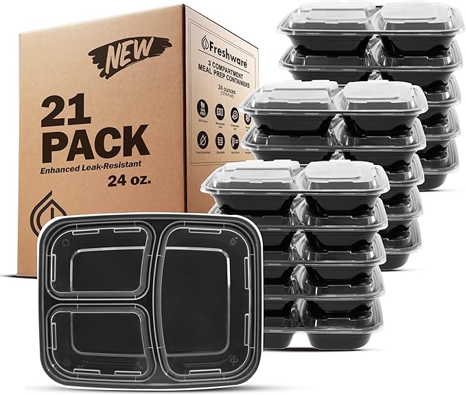 Freshware Meal Prep Containers 21 Count, 3 Compartment