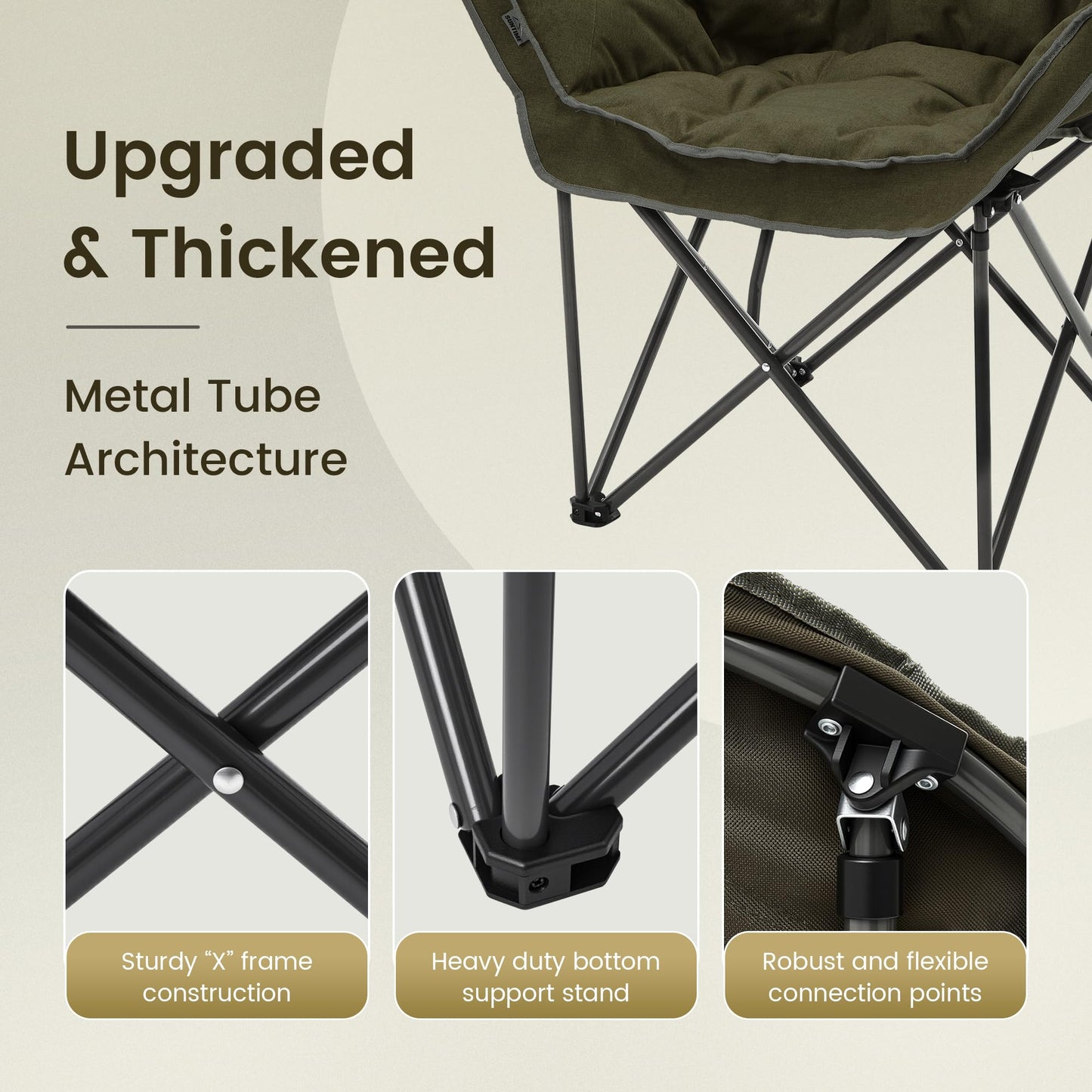 Oversized Padded Comfy Camping Chair for Adults, Portable Padded Lawn Chair, Weight Capacity 400 LBS, Heavy Duty Moon Leisure Folding Chair for Camping, Hiking, Carry Bag, Army Green (2 Pack)