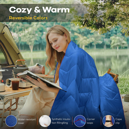 UNIKOME Outdoor Packable Travel Blanket, Lightweight Waterproof Puffy Down Alternative Camping Blanket With Corner Loops, 75'x52', Blue