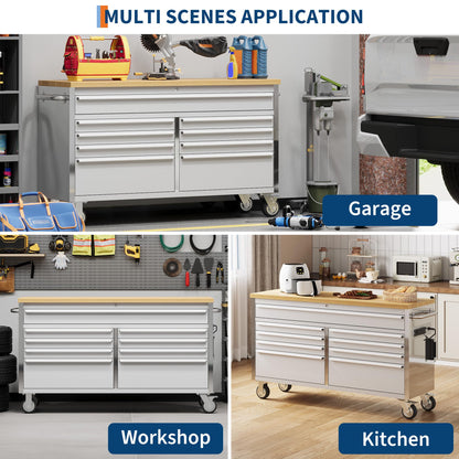 GarveeLife 61-Inch Rolling Tool Chest with 9 Drawers Garage Workbench, Solid Rubberwood Top, Storage Cabinet with Wheel Lock and Key Lock for Workshop, Garage, Kitchen and Home