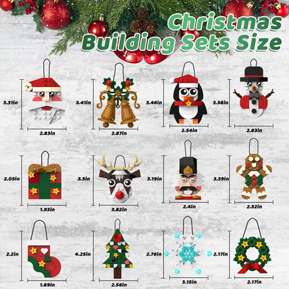 Christmas Ornaments Building Blocks Set,12 PCS Christmas Ornaments Building Kit, Santa, Snowman, Reindeer, Christmas Tree, Snowflake, Stocking, Stocking Stuffers Decor Toys Gifts for Boys Girls Kids