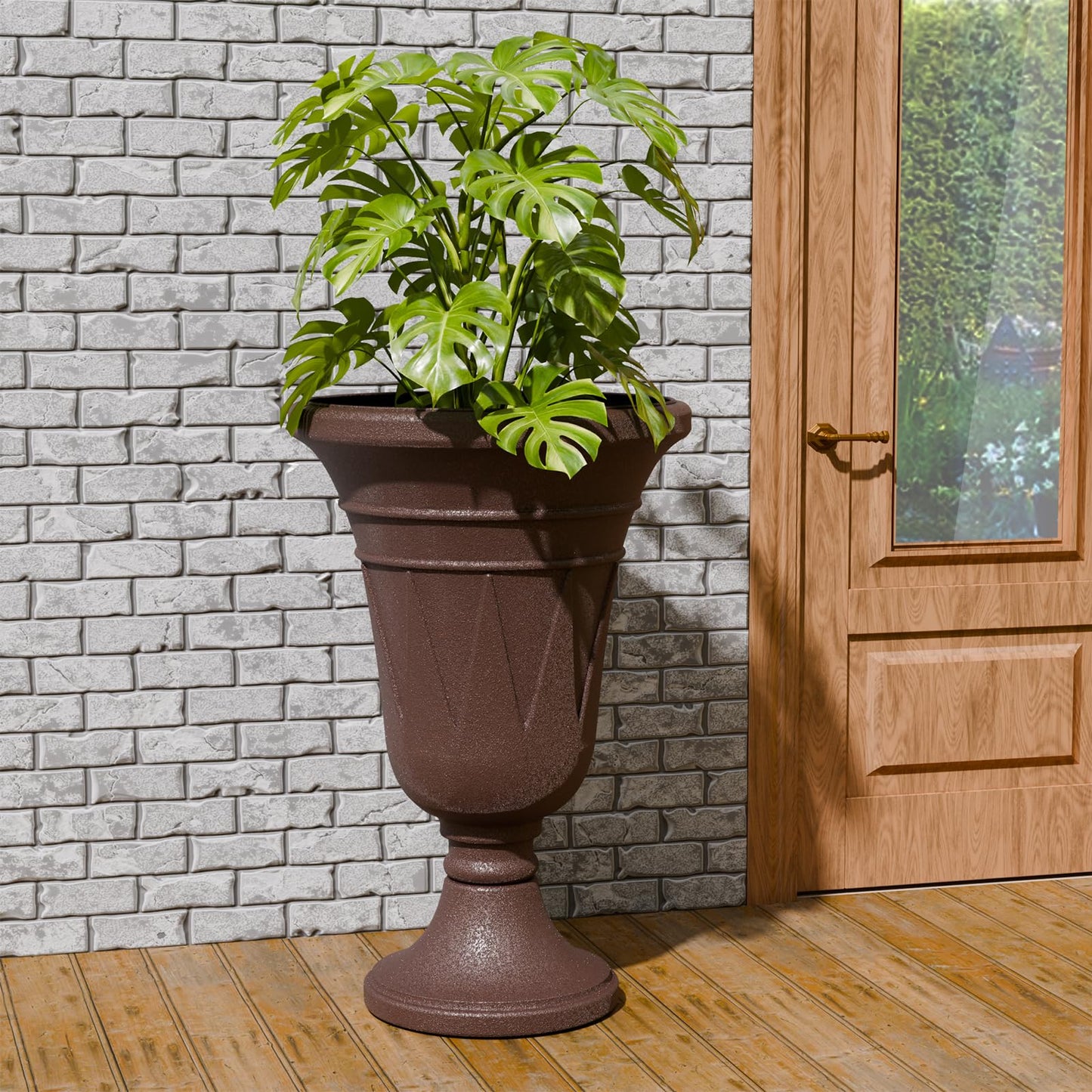 Trygoal 23.6" Tall Plastic Urn Planters for Outdoor Plants, Set of 2 Heavy-Duty Classic Indoor Large Flower Pots with Drainage Holes & Trophy Design, Outdoor Planters for Porch, Home Garden, Brown