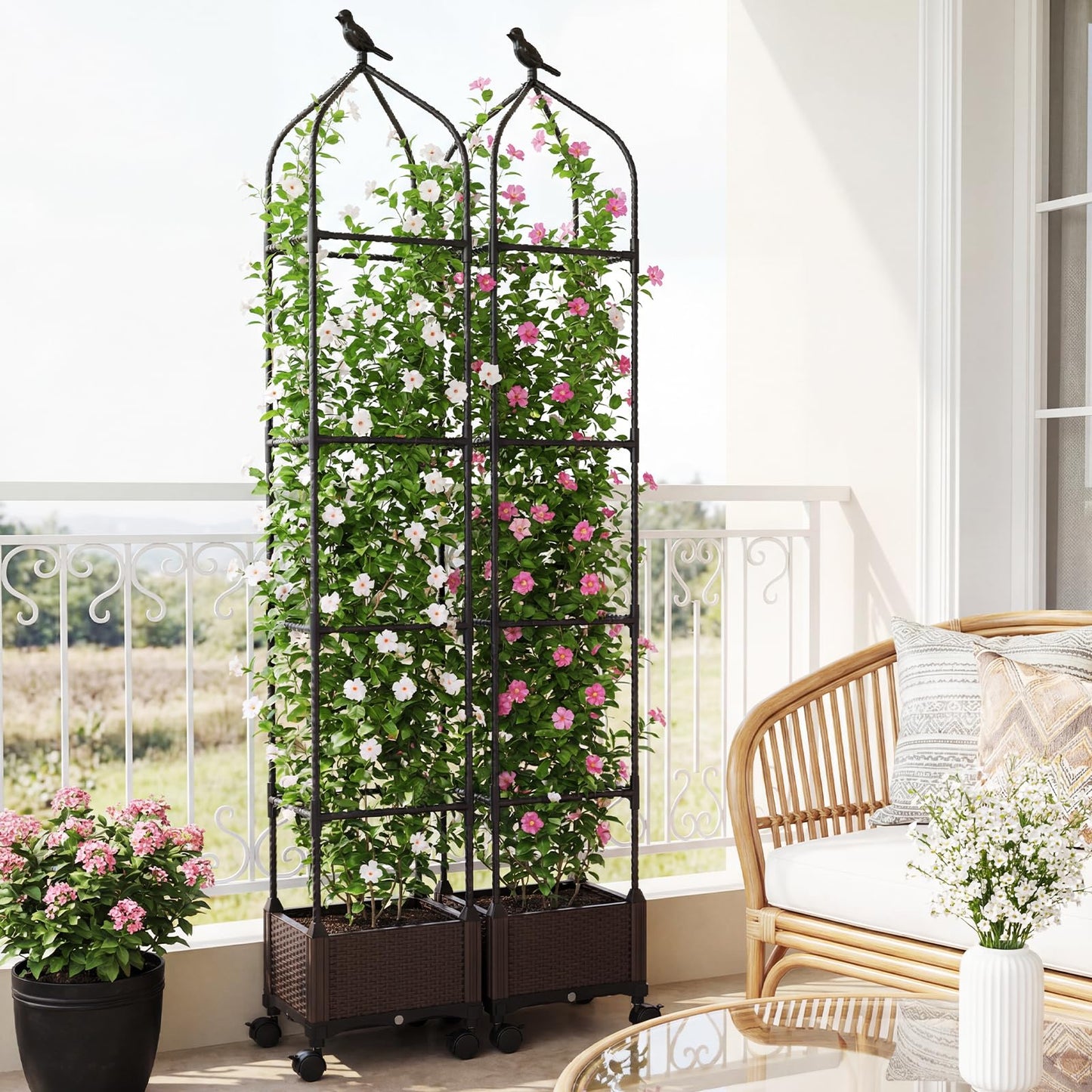 HAPPYGRILL Raised Garden Bed with Trellis, Self-Watering Tomato Cages, 83” 67” 51” Adjustable Height, Indoor Outdoor Obelisk Planter Box w/Trellis & Wheels for Climbing Plants Vines Fruits (2)