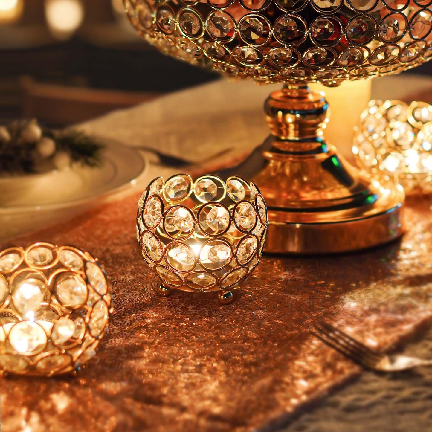 kolnlala 4 Pcs Crystal Tealight Candle Holders for Table Centerpiece,Elegant Wedding Table Centerpiece for Home Decor, Birthday Party, Romantic Events | Giftable Decorative Accent (4, Gold)