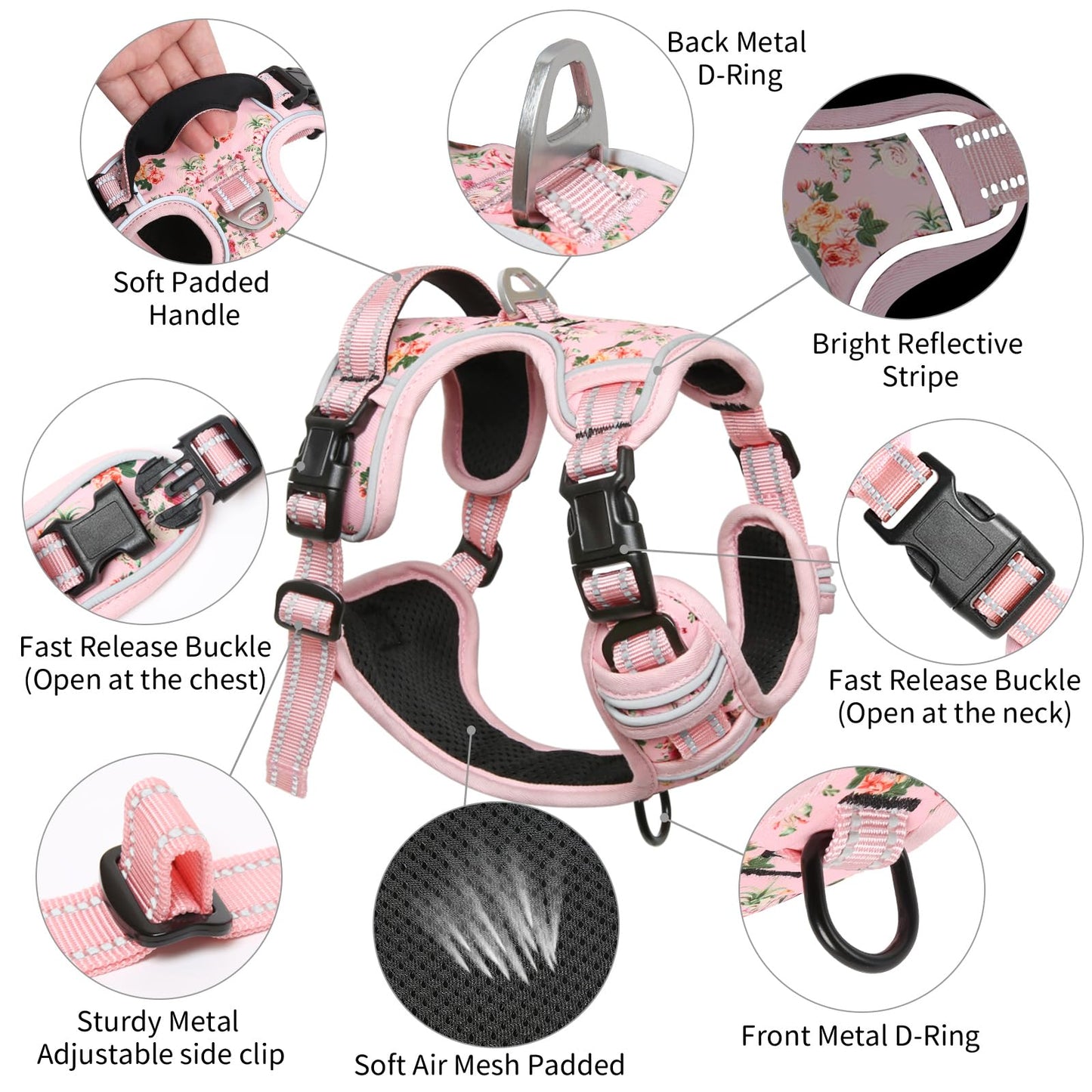 Timos No Pull Dog Harness,NO Need Go Over Dogs Head 3 Snap Buckles Reflective Oxford No Choke Harness with Front & Back 2 Metal Leash Clips Soft Padded for Small Medium Large Dogs Pink S