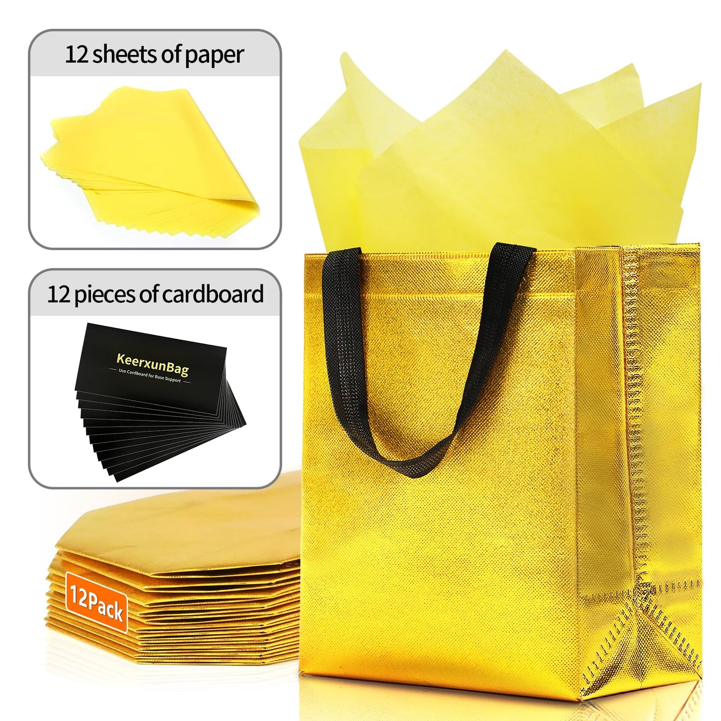 KeerxunBag 12pcs Reusable Gift Bags（Includes Tissue Paper） Gift bag with handle Birthdays Parties Holidays Weddings Medium 10x4x8in gold color Gift Bags