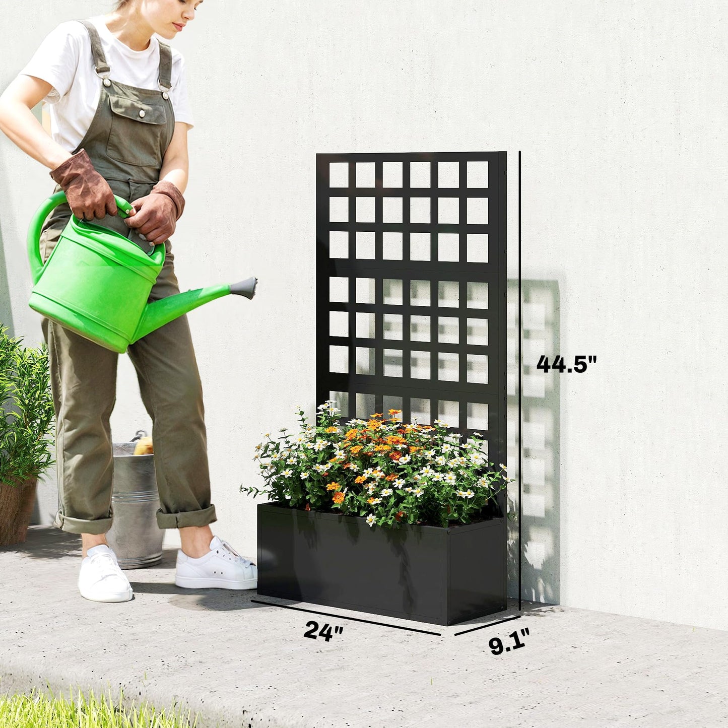 Outsunny Galvanized Raised Garden Bed with Trellis, Metal Planter Box with Drainage Holes, Outdoor Privacy Screen for Climbing Plants, Vegetable, Vines, 24" x 9" x 44.5", Black