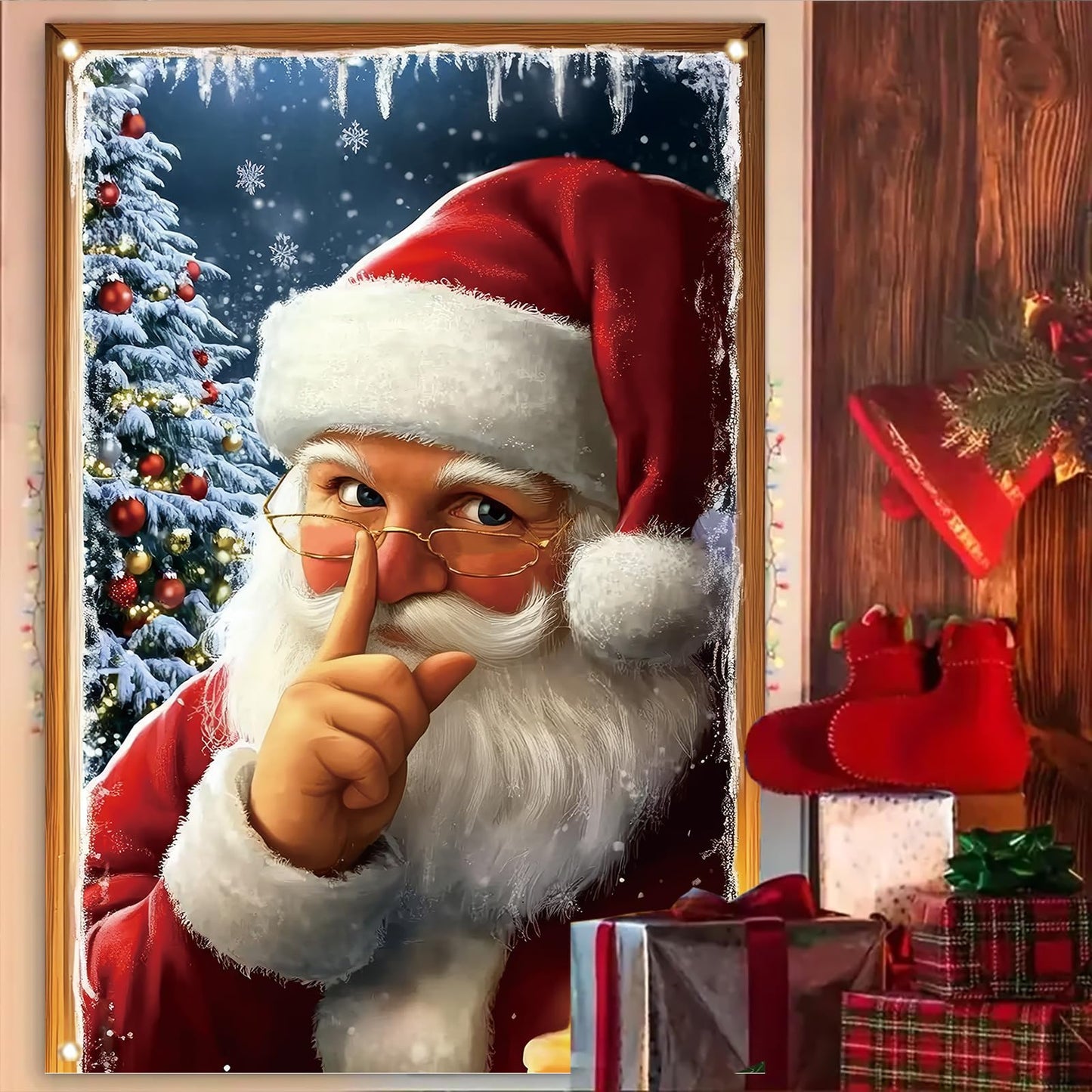 Saoplasa Christmas Window Cover Santa Claus Silent Night Decor Snowy Tree Candle Light Holiday Window Art Panel for Home Living Room Indoor Xmas Decoration 47x31 Inch Winter Wall Hanging Curtain