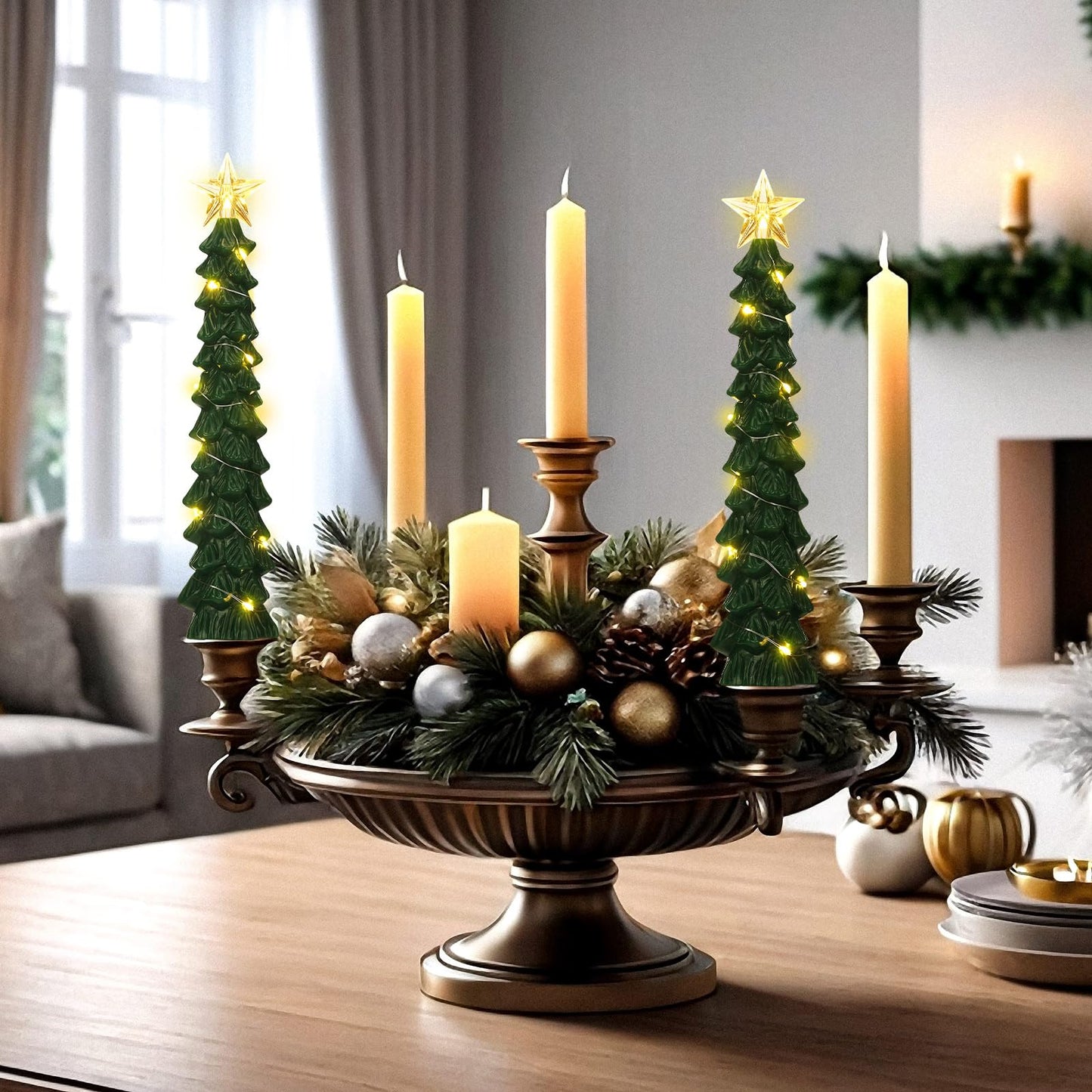 Tujoe 2 Pcs Green Christmas Tree Candles with Remote Flameless Taper Candles Flickering Led Xmas Candlesticks Battery Operated 3D Wick Warm Light for Holiday Winter Table Centerpiece Decorations