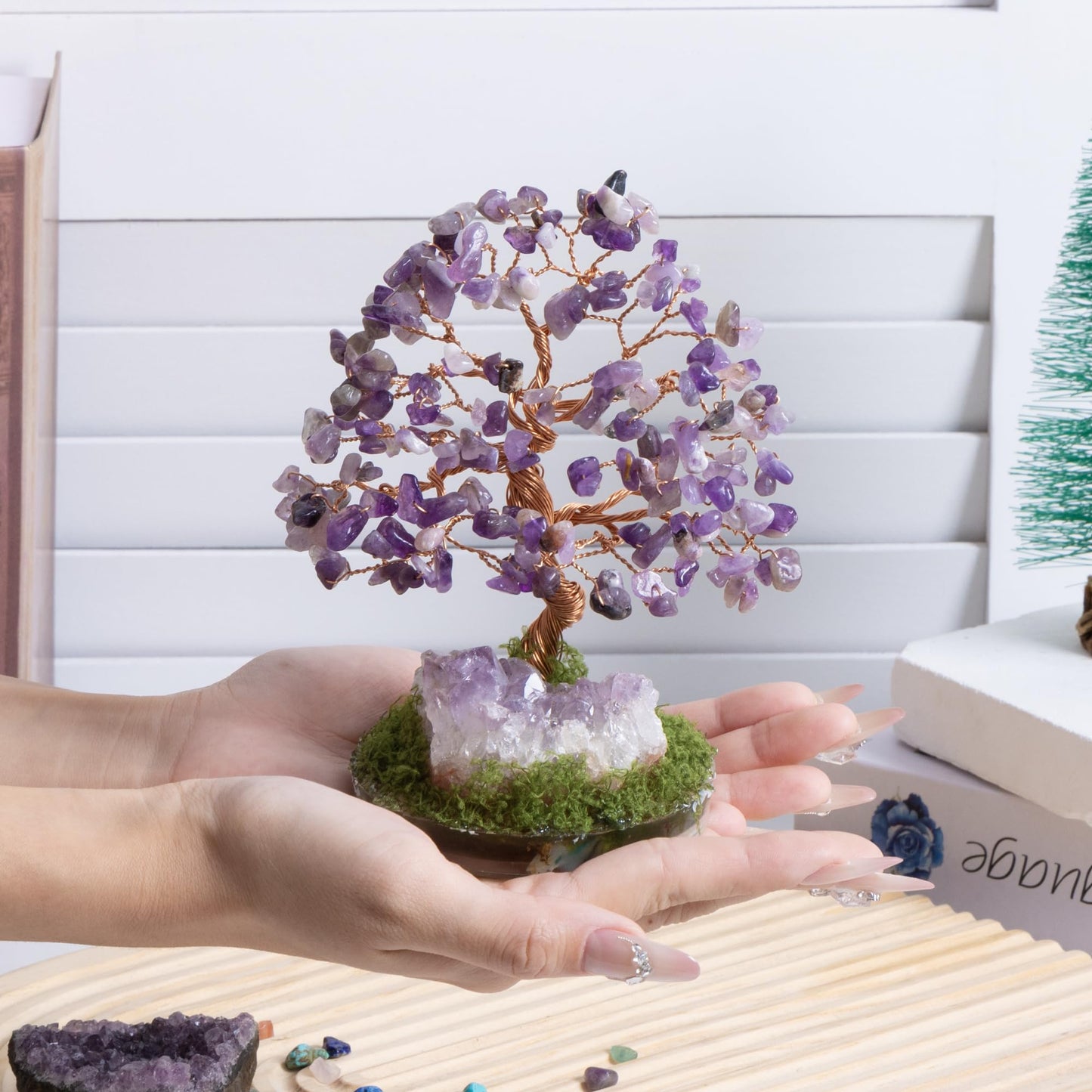 Dreamocean Amethyst Crystal Tree of Life Healing Crystal Money Gemstone Bonsai Tree with Natrual Amethyst Cluster Geode Home Office Desk Reki Decor for Women Purple Gifts for Women（Purple）