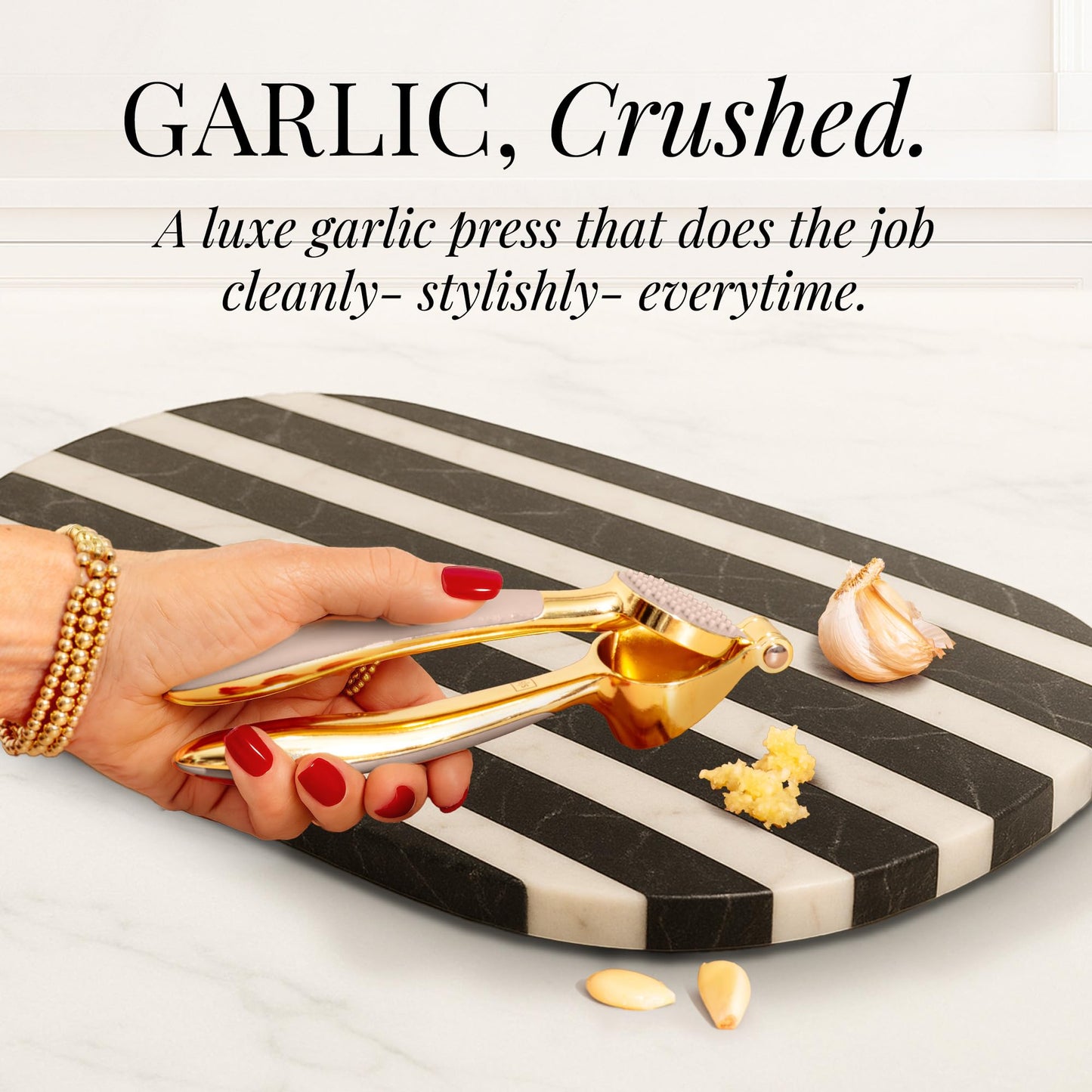 White & Gold Cooking Utensils Set - Luxe 8-Piece Kitchen Gadget Set Includes Can Opener, Tongs and Garlic Press - Stylish White and Gold Kitchen Accessories for Modern Kitchens, Ideal for Gifting