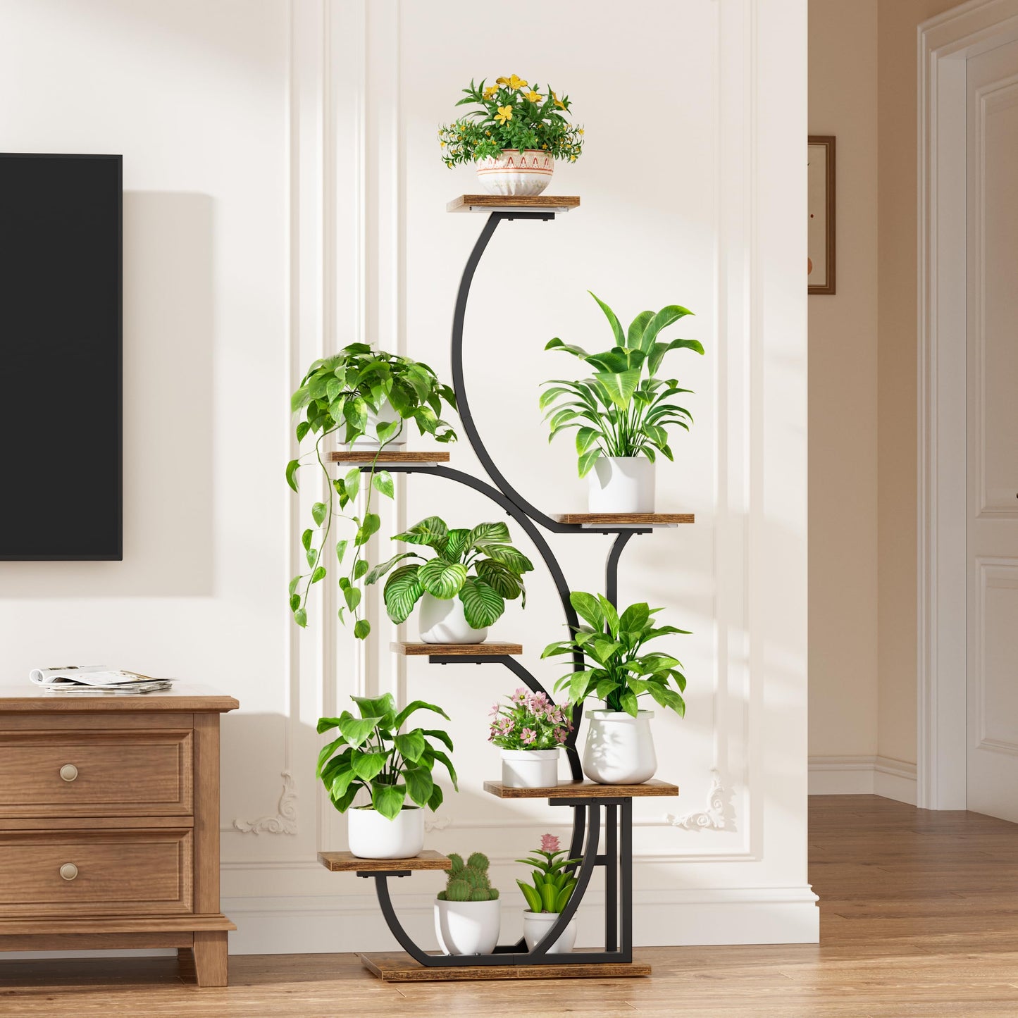 Plant Stand Indoor with Grow Lights - Lighted Indoor Plant Shelf, 57" 7 Tier Corner Plant Stands for Indoor Growing, Tall Flower Display Shelf, Metal S-Shaped Holder for Living Room, Bedroom, Black