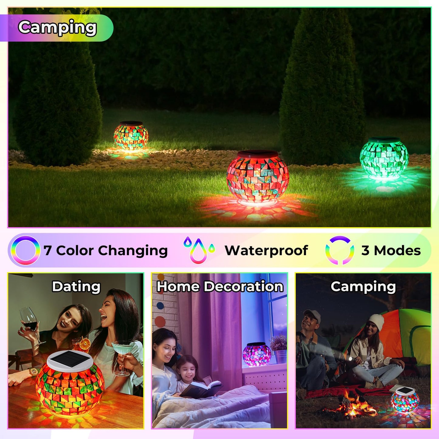 VIHOSE 4 Pcs Color Changing Mosaic Solar Lights Outdoor LED Ball Globe Garden Table Light Waterproof Solar Night Lamps for Christmas Patio Garden Party Yard