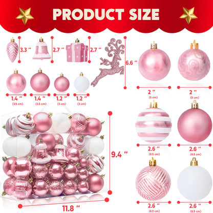 Joiedomi 66 Pcs Christmas Balls Ornaments Set, Pink Shatterproof Plastic Christmas Tree Ornaments for Xmas Hanging Decoration, Holiday Party Decoration