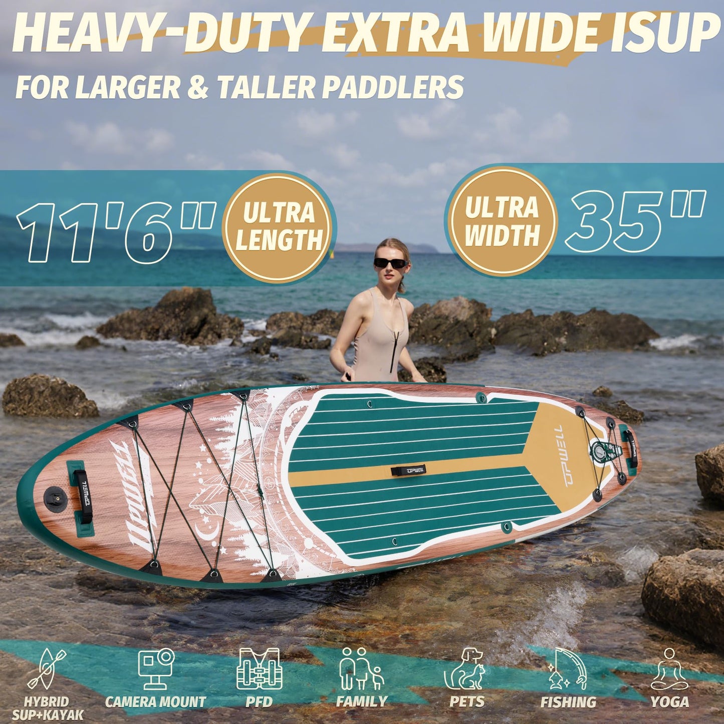 UPWELL 11'6"×35" Extra Wide Inflatable Paddle Board, Stand Up Paddle Board with Kayak Seat, Sup Paddle Boards for Adults, Sequoia Green