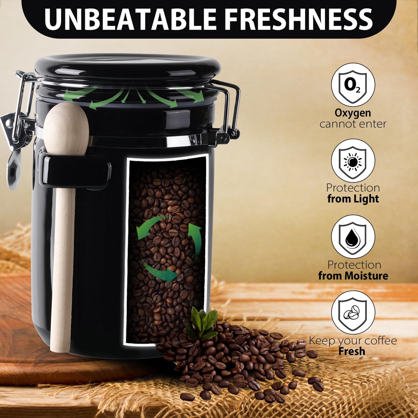 ZEBERBO 4 Piece Airtight Ceramic Canister Set With Attached Wooden Spoon Reusable Chalk Labels For Dry Goods Sugar Coffee Tea Kitchen Storage Use (Black)