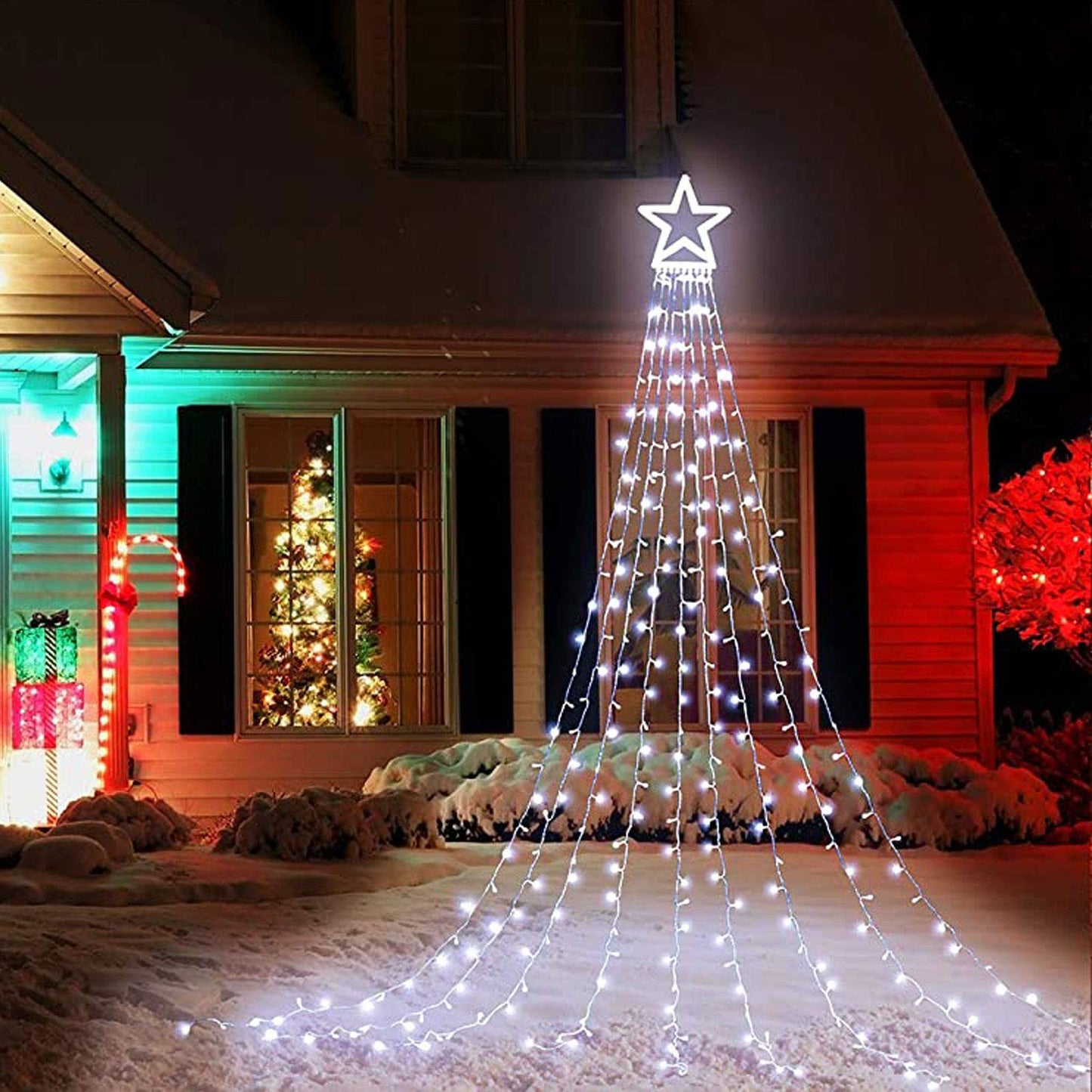 Christmas Decoration Lights, Outdoor Christmas String Lights 320 LED 11.5 Ft Waterfall Tree Light with Big Star Topper 8 Light Modes for Xmas New Year Holiday Garden Yard Indoor Outdoor Decor