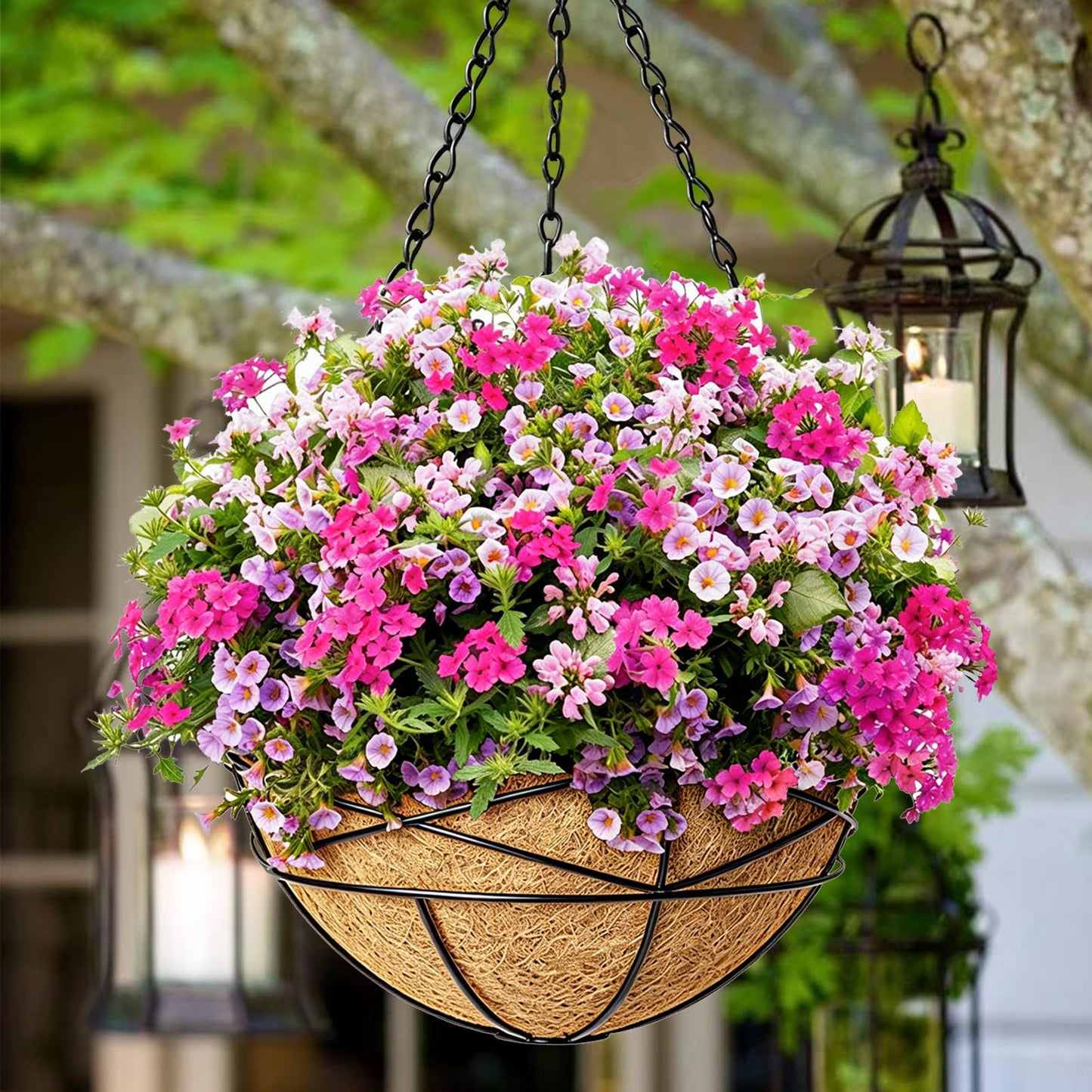 Karlliu 4 Pack 14 Inch Hanging Baskets for Plants Outdoor Large Flower Planters with Coco Liner for Outside Panting Watering Plant Pot Holder for Home Garden Porch Balcony Railings Decor