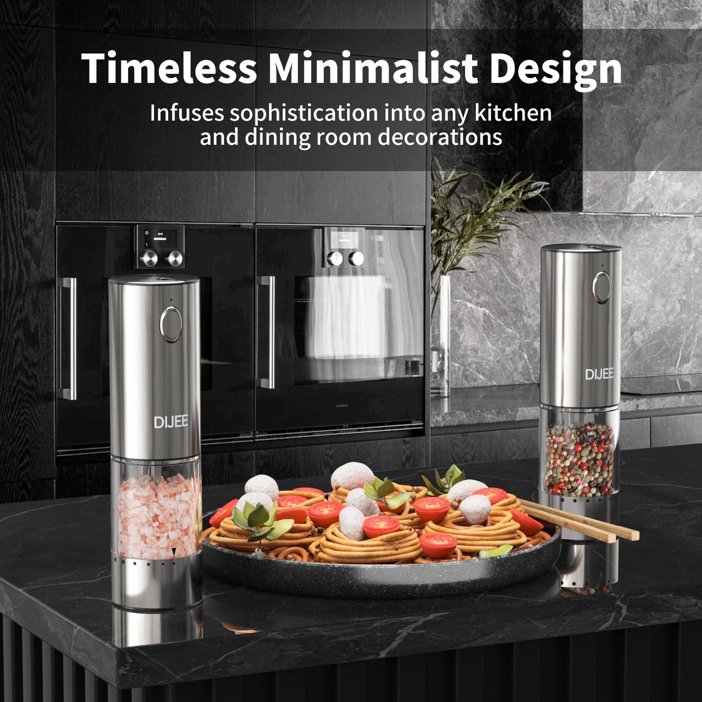 Electric Salt and Pepper Grinder Set,USB Rechargeable Pepper Mill with 6 Coarseness Settings, Automatic One-Touch Operation, Large Capacity Stainless Steel Spice Mills for Kitchen (2 Pack, Silver)