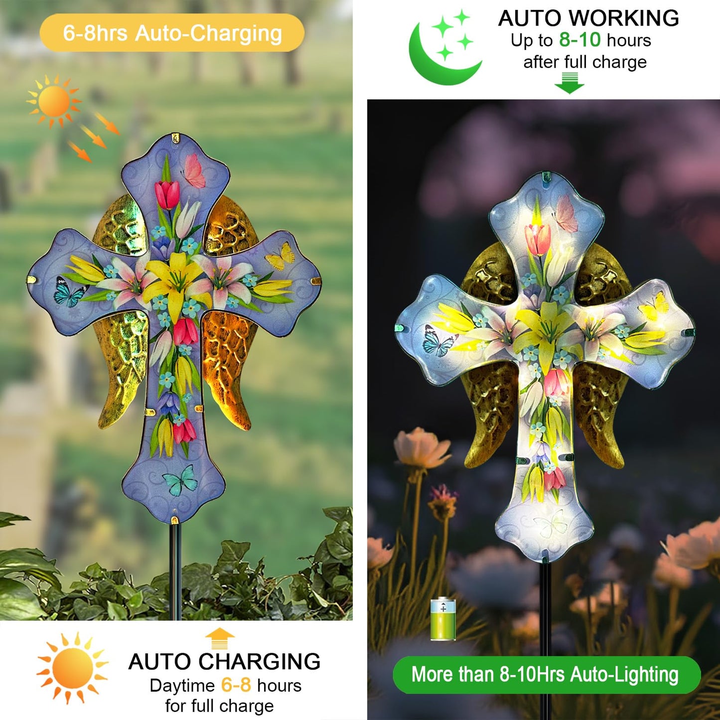 Solar Cross Garden Stakes for Graves,Lily Cemetery Decorations Yard Patio Decor,Golden Angel Wings Cross Lights Outdoor,Remembrance Gifts