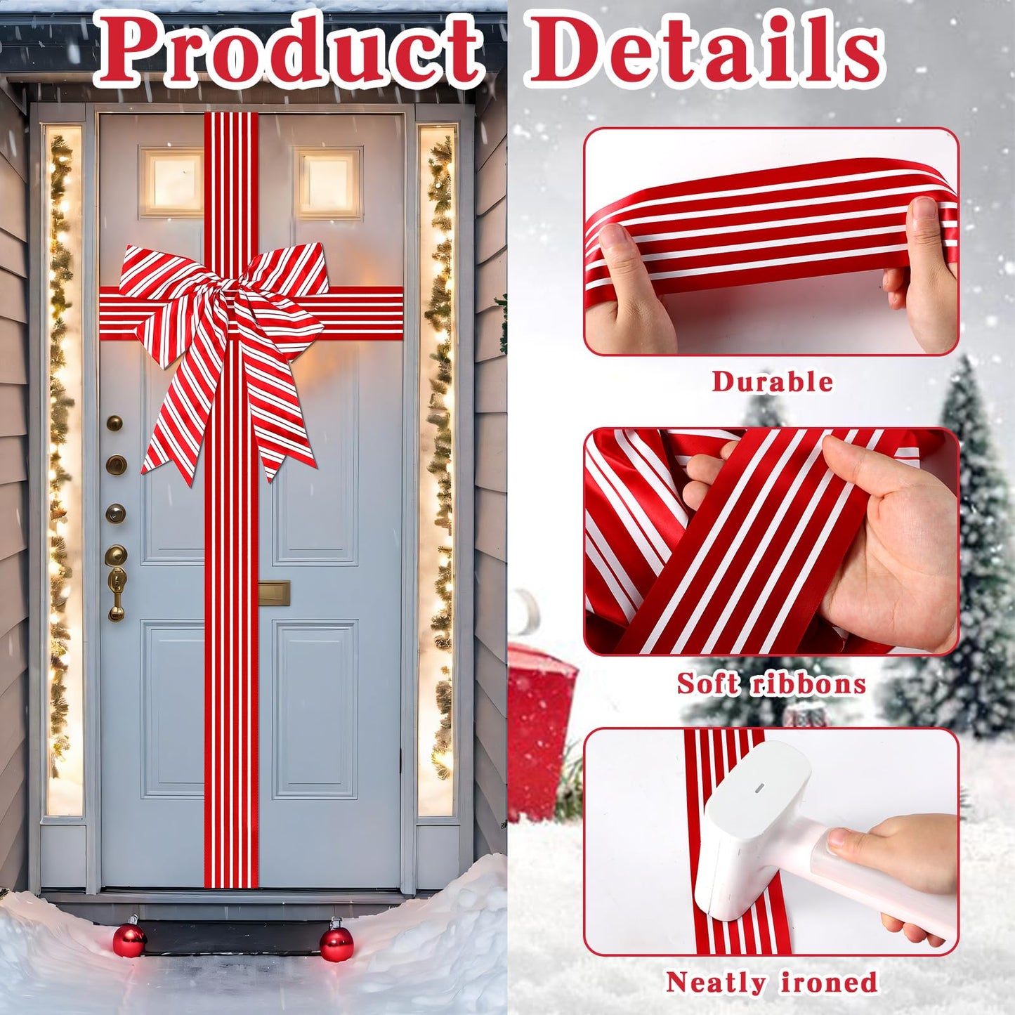 2 Pcs Christmas Cabinet Door Ribbon Bow Large Christmas Wreath Bow Red and White Stripe Festival Wrapping Decorations Xmas Candy Cane Bows for Tree Fireplace Home Holiday Front Door Party Supplies