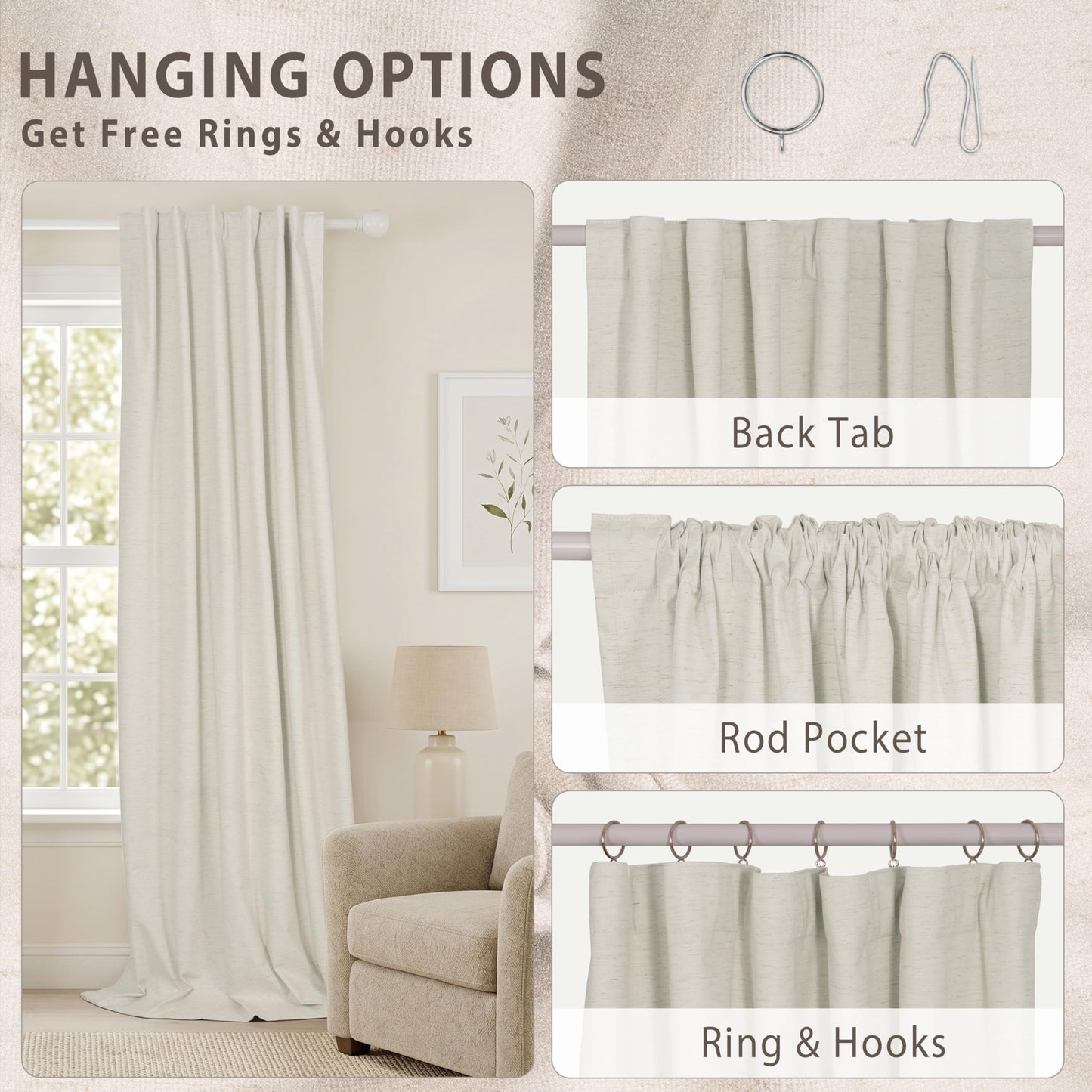 HESTIA 100% Blackout Natural Linen Curtains for Bedroom 84 Inches Long 2 Panels Set Noise Reducing Room Darkening Window Curtain for Living Room Back Tab Farmhouse Drapes (52 x 84 Inch)