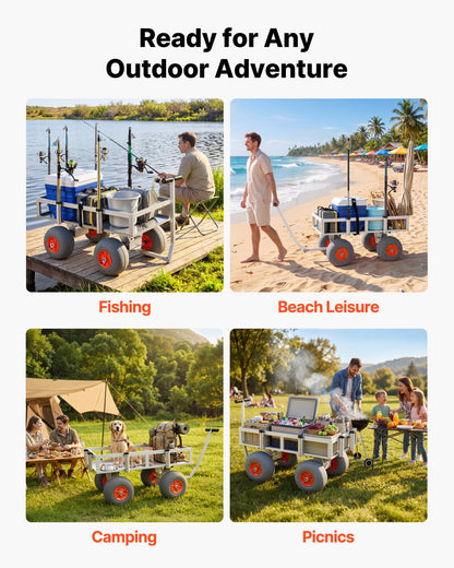 VEVOR Beach Fishing Cart, 350 lbs Load Capacity, Fishing Cart with Heavy-Duty Aluminum Alloy Frame, 13-Inch All-Terrain PU Balloon Tires, 6 Rod Holders, for Outdoor Activities Camping Picnic