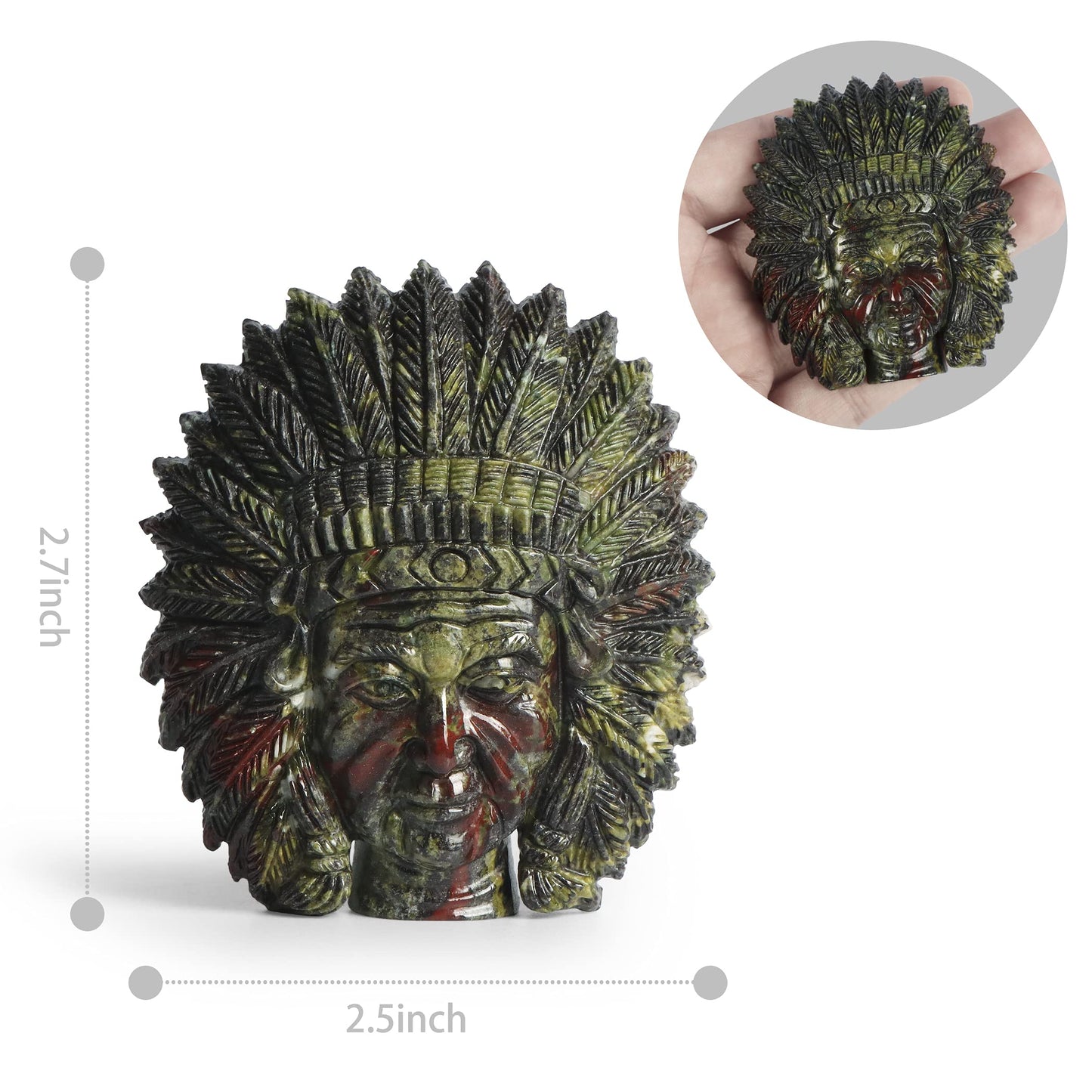 SMQ 2.5" Dragon Bloodstone Crystal Indian Head Figurines Hand Carved Gemstone Chief Bust Statue Collectable Reiki Healing Stones Ornament for Halloween, Office, Home Decor