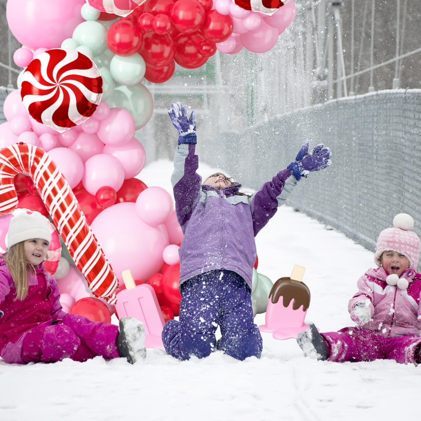 Merry Christmas Balloon Arch Kit Pink Balloon Garland, 112pcs Christmas Decorations Pink Red Green Balloons with Windmill Cane Foil Balloon, Baby Shower Xmas Party Supplies Decor