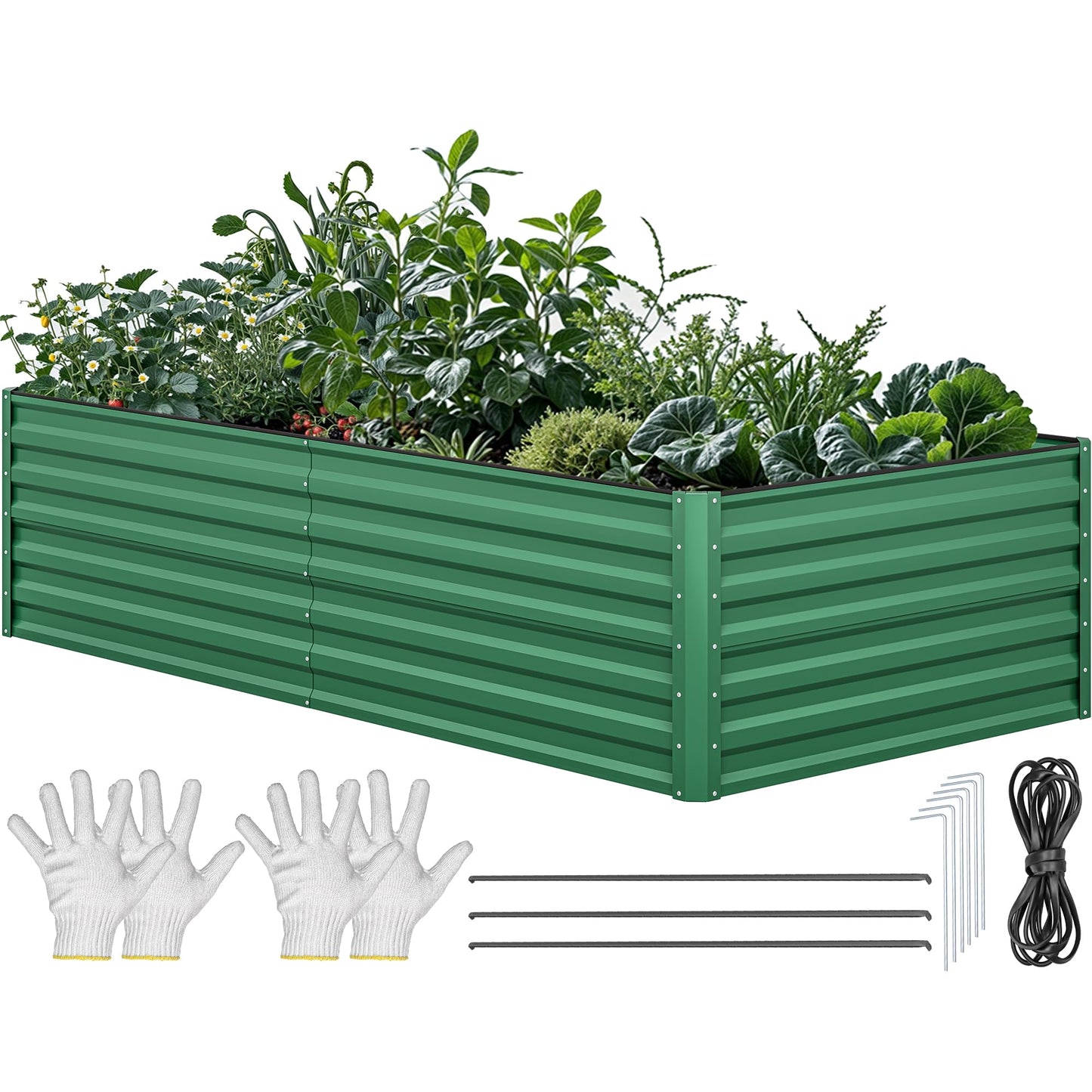 YITAHOME 96x48x24 in Galvanized Raised Garden Bed Kit, Large Metal Planter Box with Gloves, Safety Rubber & Support Rod, Outdoor Flower Bed for Plants Vegetables, Green
