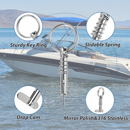 Pyntrax 4-Pack Quick Release Pins (1/4” Diameter) with Drop Cam & Spring - 0.86” Usable Length, Full 316 Stainless Steel Marine Hardware for Bimini Top, Boat & Pontoon