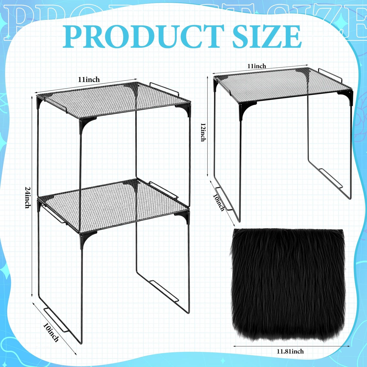 ARCTURINE Locker Organizer Shelf with Square Fluffy Mat, 3 Pcs 24in Tall Stackable Metal Mesh Wire Rack, Foldable Locker Organizer Shelf Accessories for Office Gym Back to School Essentials(Black)
