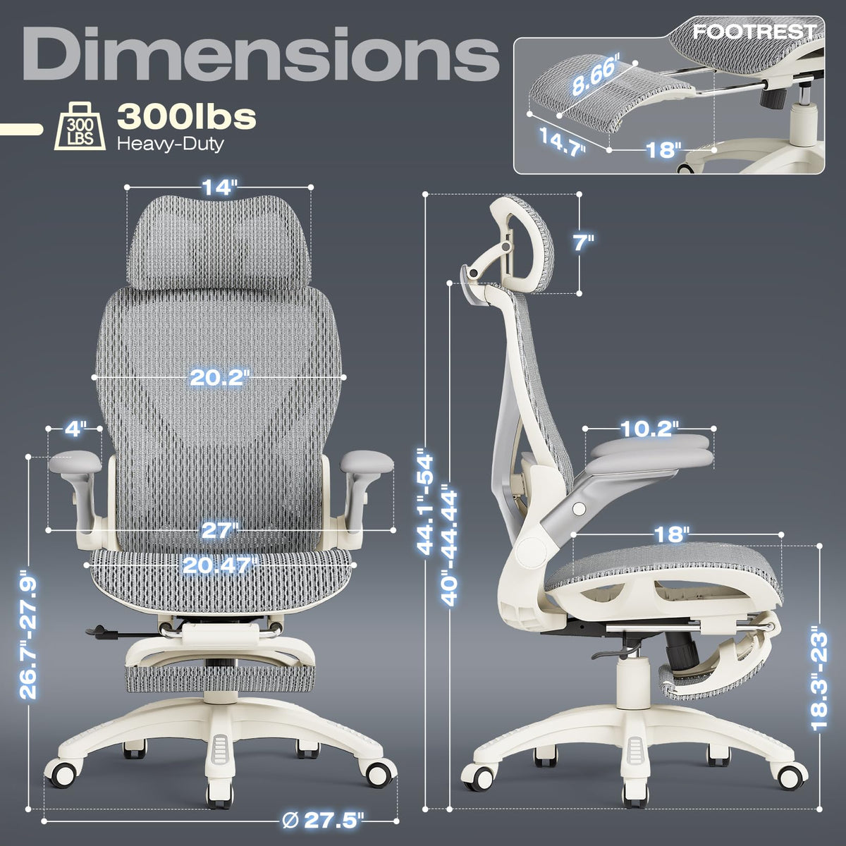 ELABEST X100 Ergonomic Mesh Office Chair with Footrest, Big and Tall Home Desk Chair with 5D Flip-Up Arms, Adjustable 3D Lumbar Support, Gaming & Executive Computer Chair, First Light