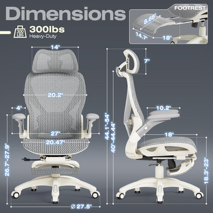 ELABEST X100 Ergonomic Mesh Office Chair with Footrest, Big and Tall Home Desk Chair with 5D Flip-Up Arms, Adjustable 3D Lumbar Support, Gaming & Executive Computer Chair, First Light