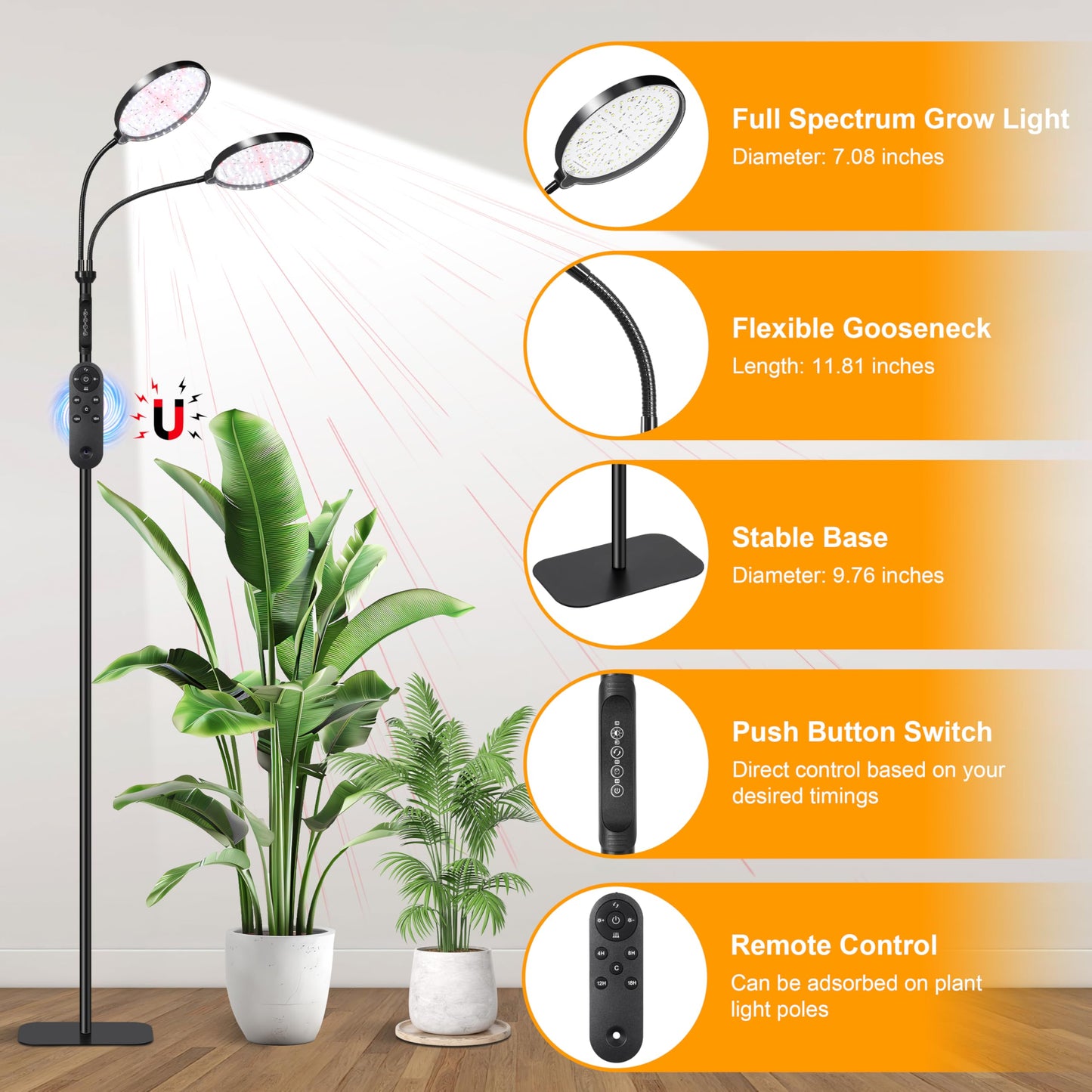Plant Light for Indoor Plants, Red &White Light Full Spectrum Grow Lamp with Height Adjustable and Stand for Growing Large Tall Plants, Floor LED Grow Lamp with 4/8/12/18 Hour Timer &10 Dimming