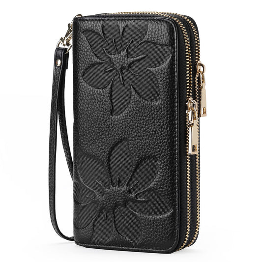 GOIACII Women's Wallet Large Capacity Double Zip Around Credit Card Holder Leather Ladies Wallet with RFID Blocking Phone Wristlet Purse Black