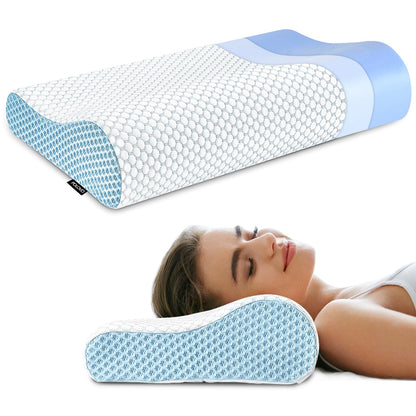 Memory Foam Pillows Neck Pillow Bed Pillow for Sleeping, Ergonomic Cervical Pillow for Neck and Shoulder Pain Relief,Orthopedic Contour Pillow for Side Back Stomach Sleeper(Blue&Grey)