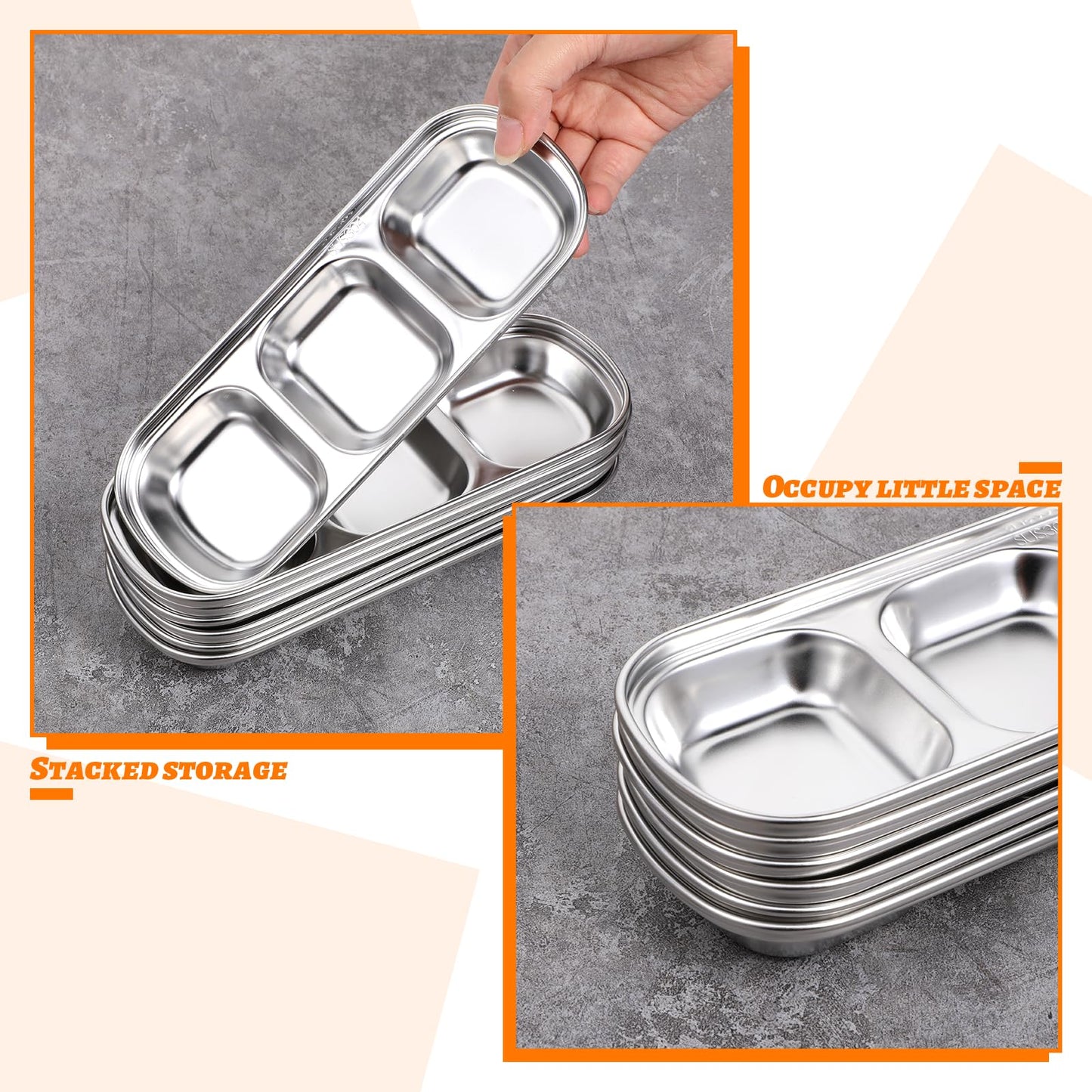 12 Packs Stainless Steel Divided Dip Bowls Soy Sauce Dishes, Divided Serving Tray Chip and Dip Serving Set, 3 Compartment Sauce Plate Seasoning Dipping Condiment Tray for BBQ Vinegar Spice Sugar