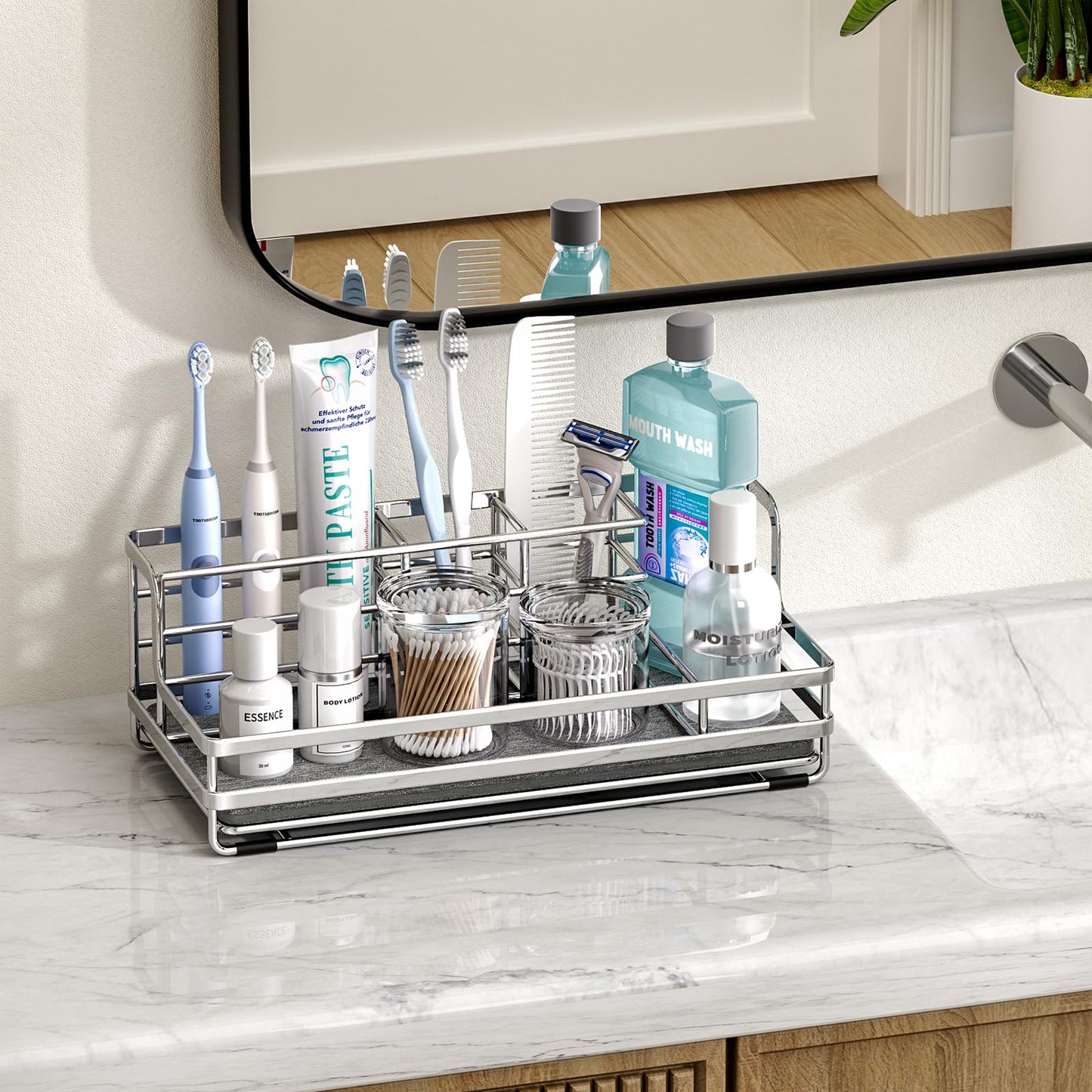 HapiRm Toothbrush Holders for Bathroom - 5 Partitions Bathroom Counter Organizer with Instant Drying Stone, Stainless Steel Countertop Storage Electric Toothbrush Toothpaste Holder - Silver