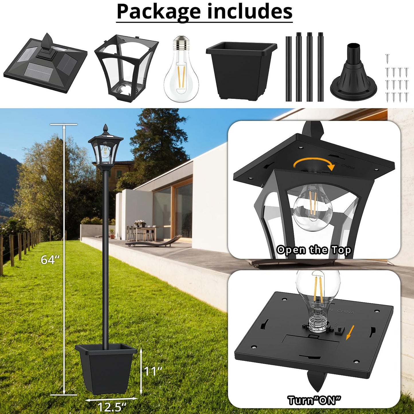 ILANCK 64 Inch Solar Lamp Post Light with Planter, 60 High Lumens Street Light, Solar Post Lights Waterproof for Garden, Pathway, Lawn, Driveway, Front Back Door Outdoor Pole Lamp（Warm）