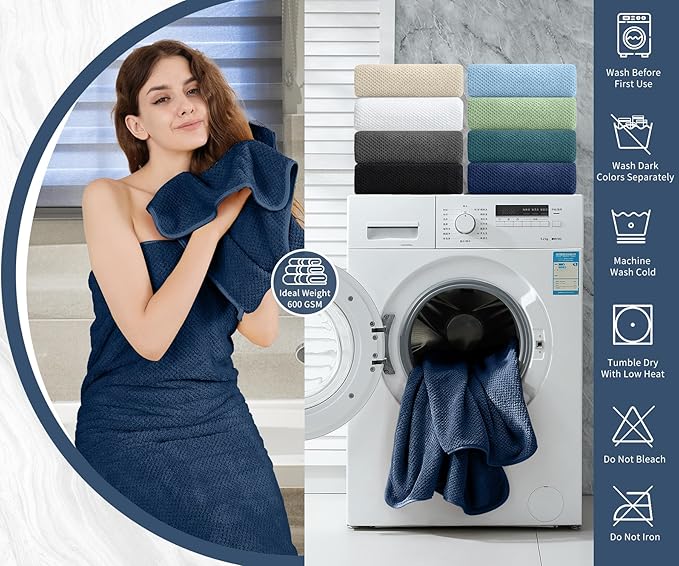 8 Piece Bathroom Towel Set Navy Blue |2 Oversized Large Bath Towels Sheet