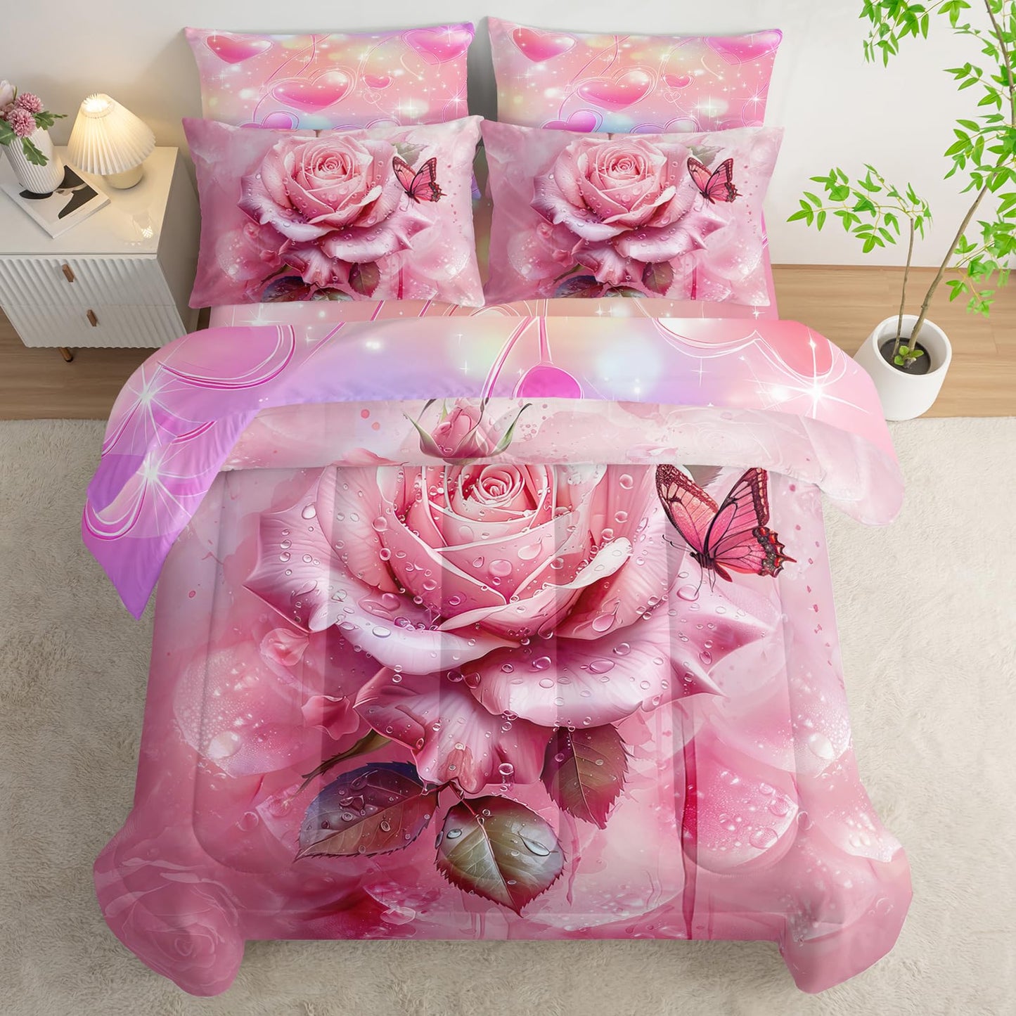 AILONEN Pink Rose Comforter Set Twin Size for Girls Women,7-Piece Soft Bed in a Bag,Rose Flower Butterfly Comforter & Fitted Sheet & Flat Sheet & 2 Pillowcases,2 Pillow Shams