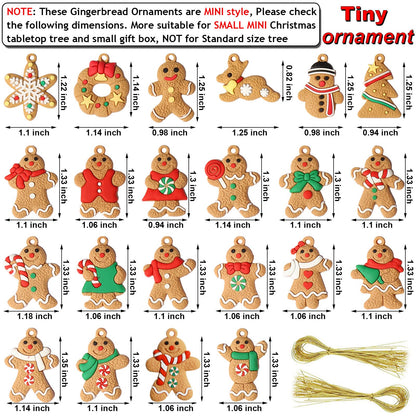 44 Pcs Mini Christmas Gingerbread Ornaments Tiny Gingerbread Man Ornaments Hanging Charms Figurine Decoration Ginger Man with Strings for Mini Christmas Tree Decorations